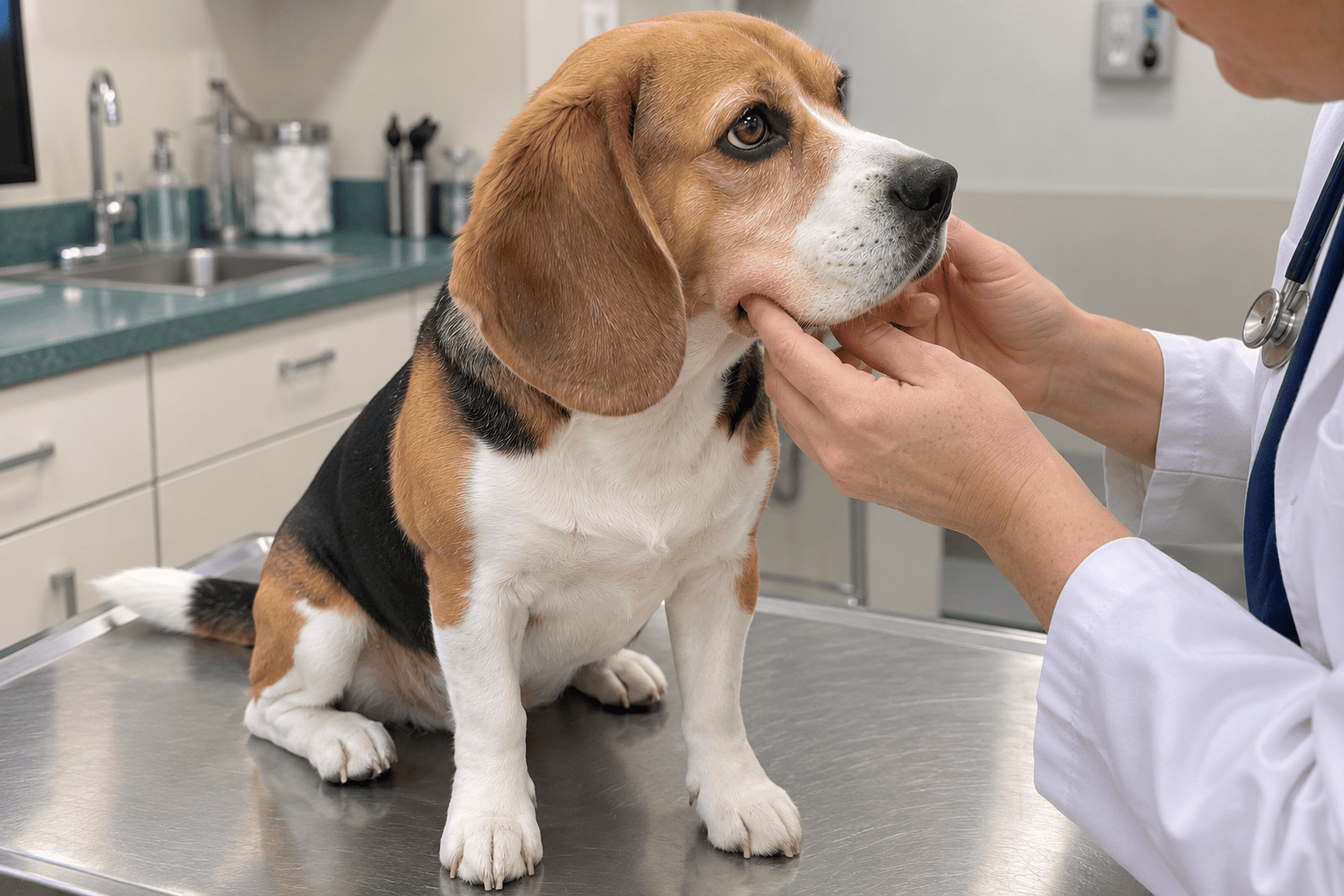 Veterinár vyšetruje opuch papule psa po bodnutí osou